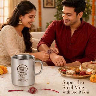 Customized Stainless Steel Mug with Name Engraved & Super Bro Design Engraved.