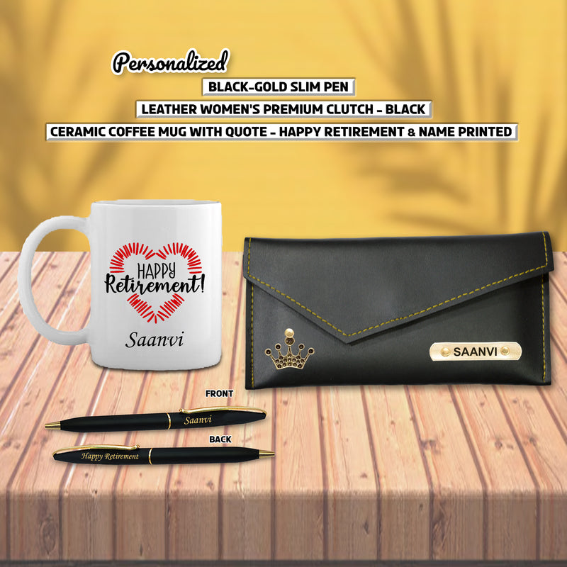 Retirement Gift for Her – Personalized Clutch, Mug, & Pen.