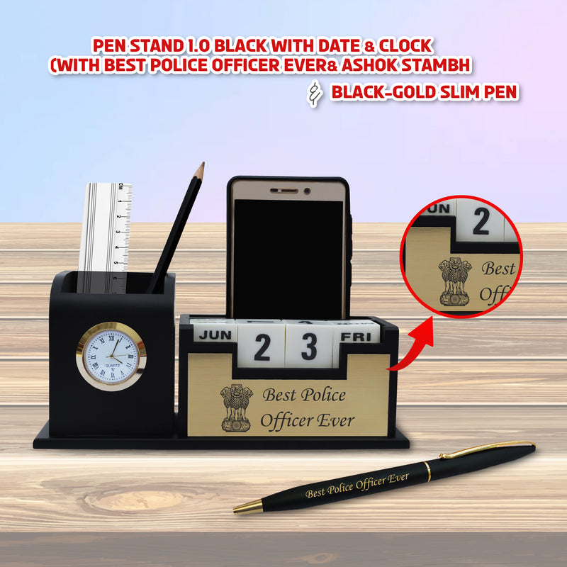 Police Officer Set - Pen with 'Best Police Officer' Engraved & Pen Stand with Ashok Stambh Logo