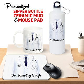 Customized Doctor Gift Set – Printed Bottle, Mug & Mouse Pad with Custom Name | Gifts for Doctors India
