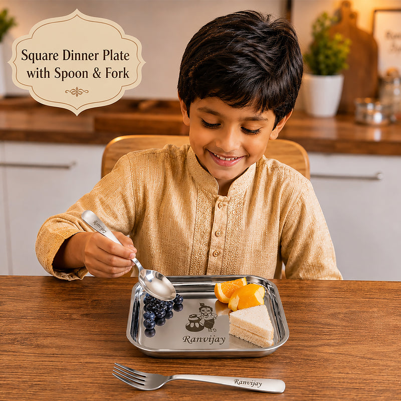 Kids Square Plate with Name & Cartoon Character Engraved