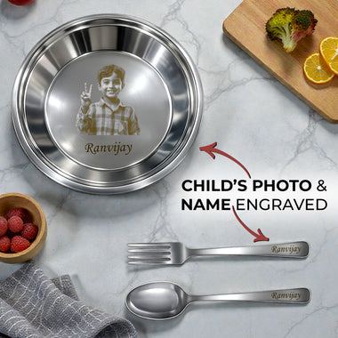 Customized Kids Stainless Steel Plate Set with Photo & Name Engraving | Round Plate, Spoon & Fork