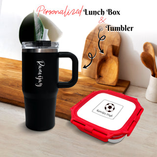 Customized Kids Lunch Box Combo Small Red Lunch Box + 500 ml Black Mini Tumbler with Name.