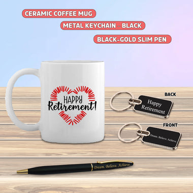 Retirement Gift Set – Pen, Metal Keychain with Quote & Ceramic Coffee Mug