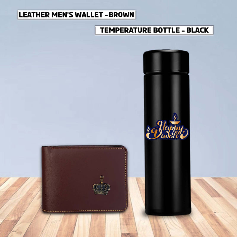 Diwali Gift Set- Leather Men's Wallet with King Charm & Black Bottle with 'Happy Diwali' Quote.