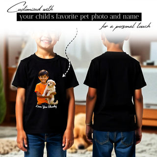 Personalized Unisex Kids Black Cotton T-Shirt with Your Pet's Photo and Name Printed.