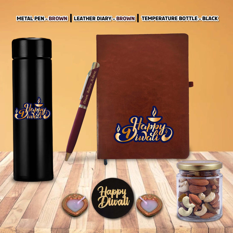 Diwali Gift Combo – Leather Diary, 'Happy Diwali' Bottle & Engraved Pen.