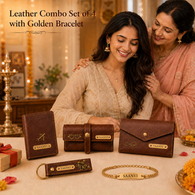 Customized Raksha Bandhan Gift for Sister | Customized Women’s Gift Combo Set 4 Pcs with Name Engraving & Golden Chain Rakhi