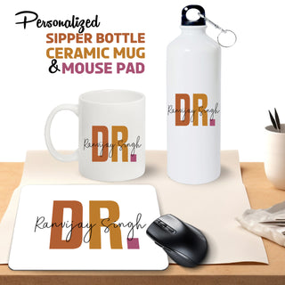 Customized Doctor Gift Set – Printed Bottle, Mug & Mouse Pad with Custom Name | Gifts for Doctors India