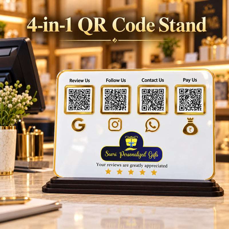 4-in-1 QR Code Standee 10×7 Inch Horizontal|Acrylic Google Review, Instagram, WhatsApp & UPI Payment