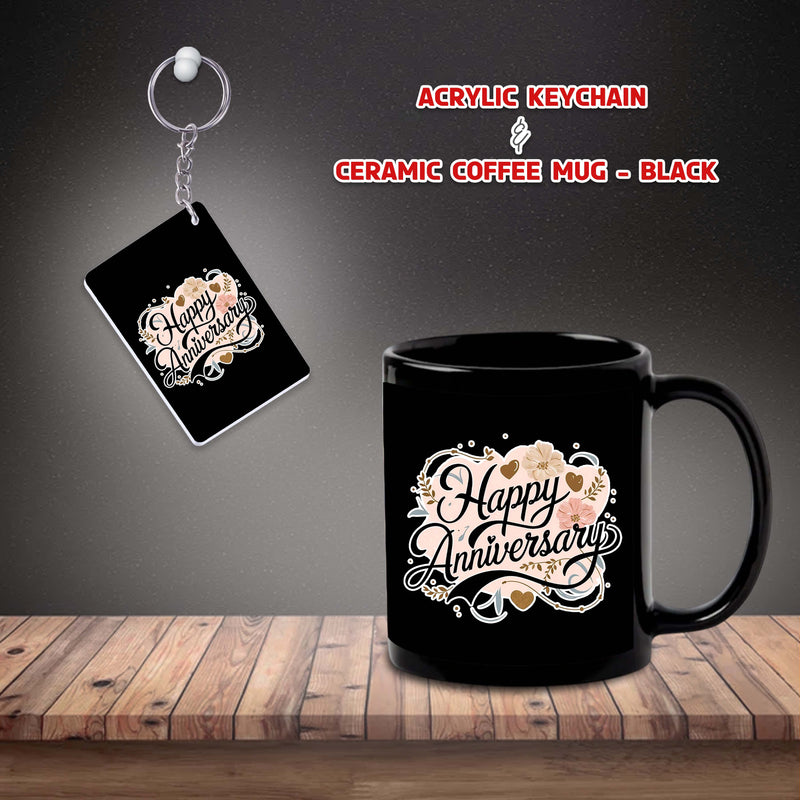 Black Mug & Keychain Combo – Celebrating Love with "Happy Anniversary" Quote