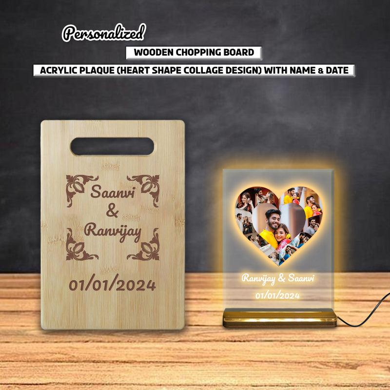 Engagement Gift Set – Heart-Shaped Acrylic Plaque with Custom Photo & Date, Wooden Quote Chopping Board