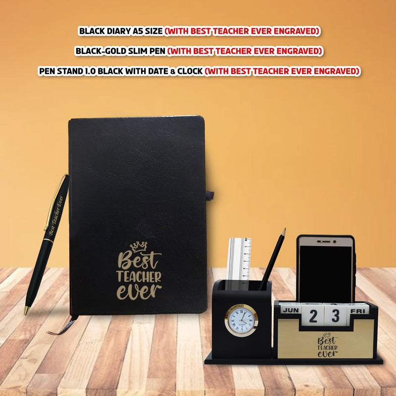 Teacher's Day Gift Set: Engraved Pen, Elegant Stand with Clock, & A5 Diary.