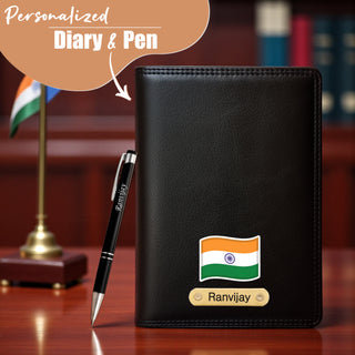 Customized Black Leather Diary with Indian Flag-Colored Design & Name Engraved Pen.