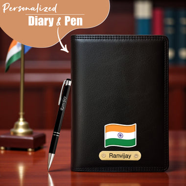 Customized Black Leather Diary with Indian Flag-Colored Design & Name Engraved Pen.
