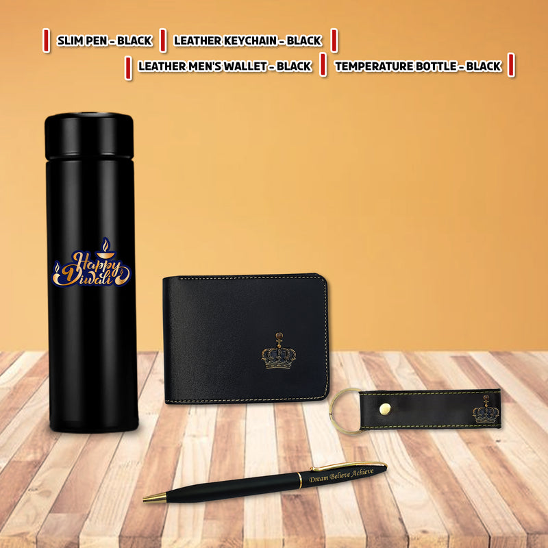 Diwali Gift Set – Men's Leather Wallet, King Charm, Keychain, Pen & 'Happy Diwali' Bottle.