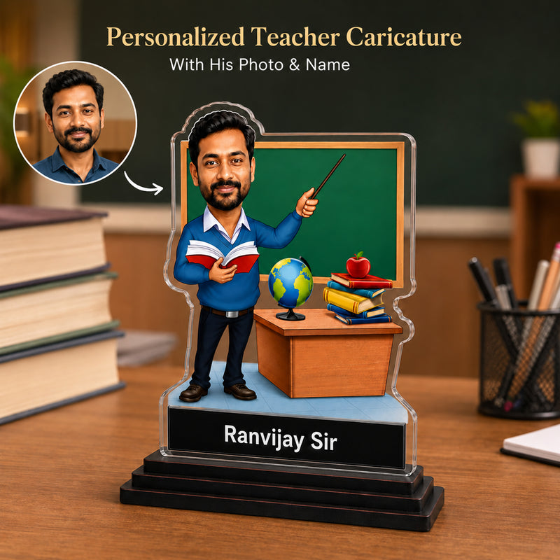 Customized Teacher Caricature with Photo | Personalized Face Changing Caricature Gift for Teacher, Sir, Ma’am, Professor & Mentor | Unique Teachers Day Gift