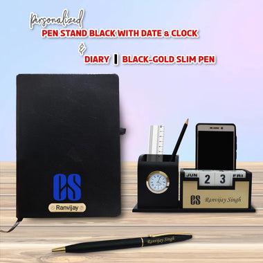 Customized CS Combo Set: Coat Pen Stand, Logo Pen & Engraved Diary.