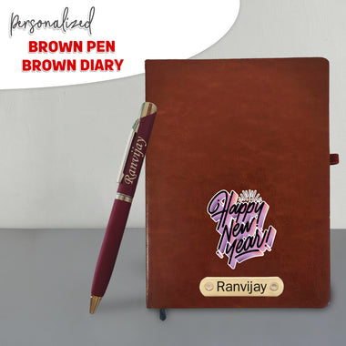 Customized New Year Gift Set - Diary & Pen- Brown