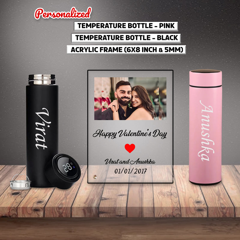 Valentine Combo – Custom Acrylic Frame & Pink-Black Bottle Set with Name