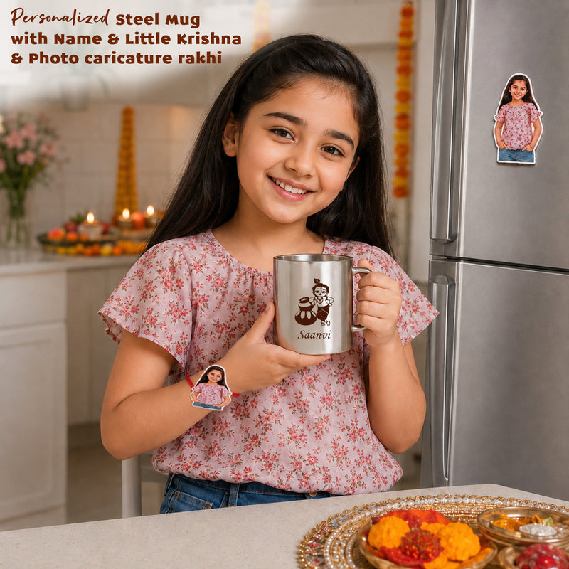 Customized Steel Mug with Name & Little Krishna Cartoon Print and Customized Photo Caricature Rakhi.