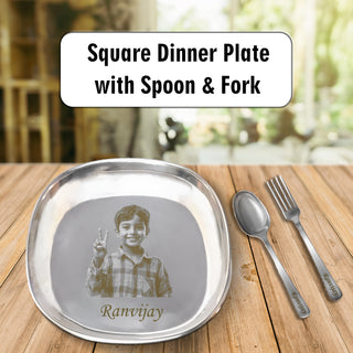 Personalized Stainless Steel Plate Set for Kids with Photo & Name | Custom Kids Dinner Set