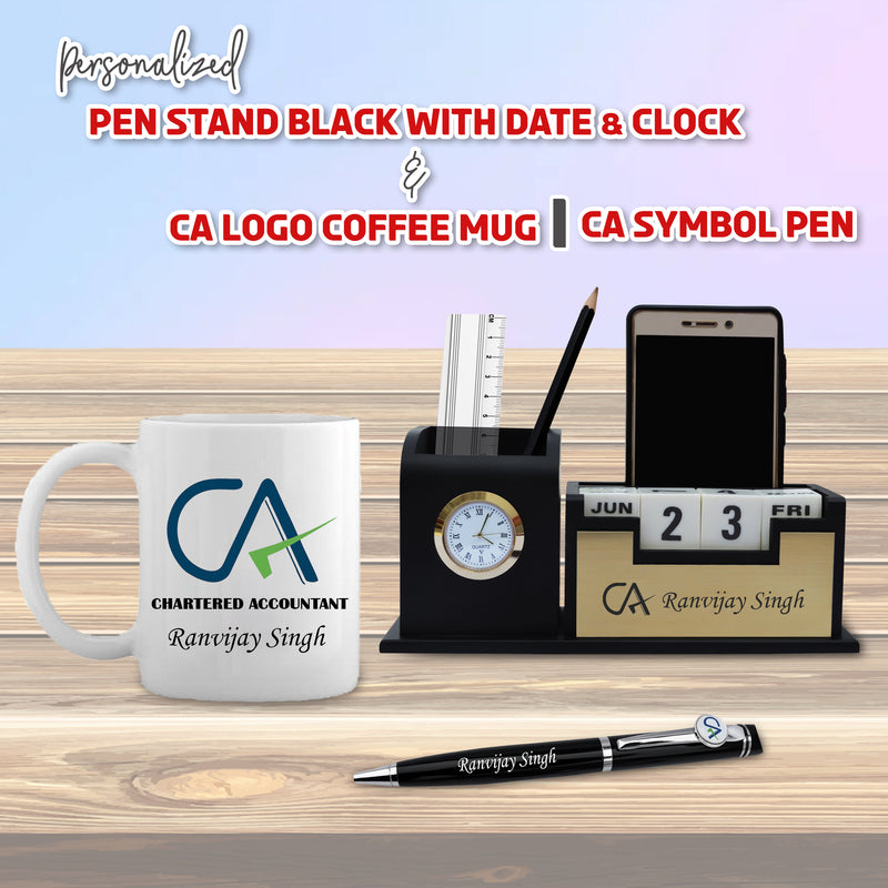 CA Combo: Pen, Pen Stand with Watch & Ceramic Mug.