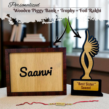 Rakhi Gift Combo – Customized  Piggy Bank, Trophy & Foil Rakhi