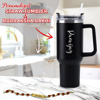 Personalized Rakhi Gifts Set- Custom Steel Straw Tumbler+ Rudrakasha Rakhi