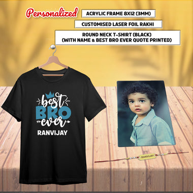 Rakhi Combo: Engraved Rakhi, Photo Frame & Bro Quote T-Shirt.