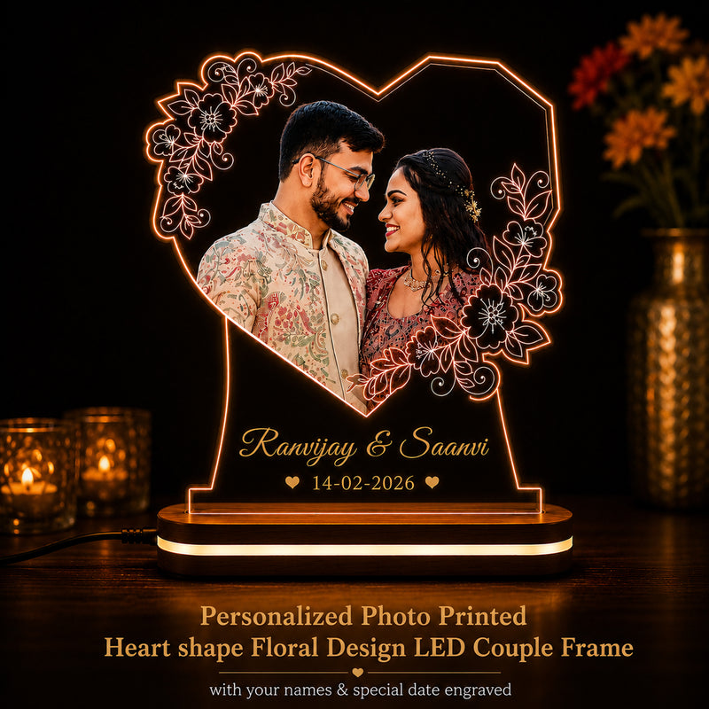 Personalized Acrylic Heart LED Photo Frame 6x8 Inch – Customized HD UV Printed Photo Acrylic Night Light with Name & Date