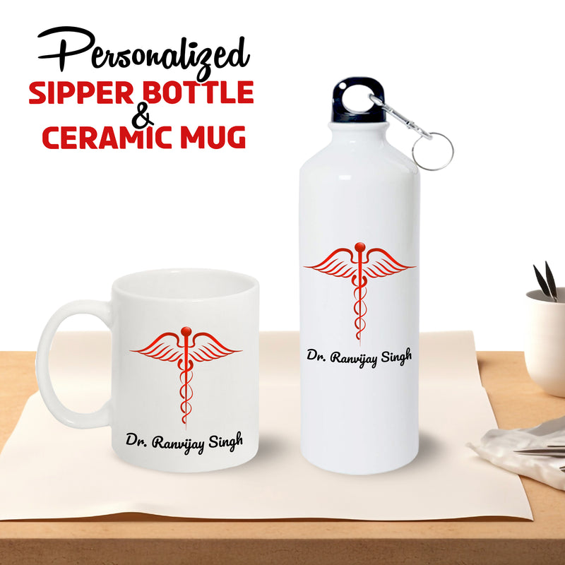 Doctor Gift Set –Custom Name Water Bottle & Ceramic Mug with Doctor Themed Design.