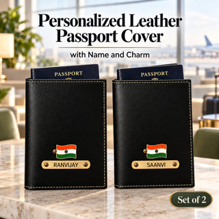 Leather Passport Cover Set of 2 with Name & Charm | Customised Passport Cover with Name for Couple | Personalized Passport Holder for Men & Women