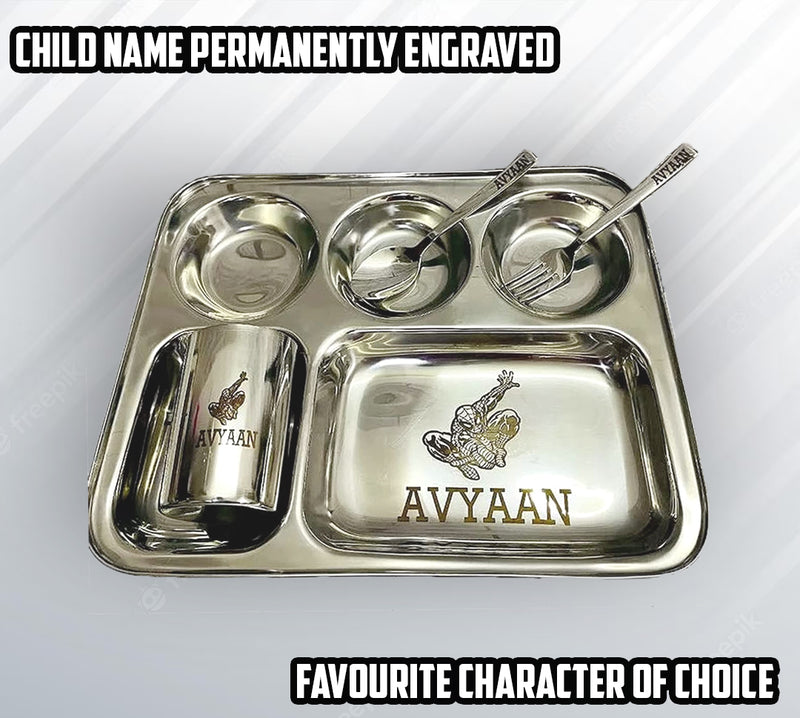 Custom Engraved Kids Meal Set - Thali, Glass, Spoon & Fork