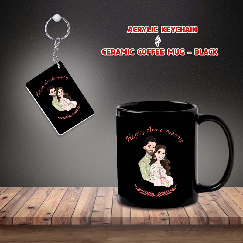 Black Mug & Keychain with 'Happy Anniversary' Quote & Couple Image.