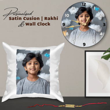 Personalized Rakhi Gift Set – Photo Printed Cushion, Wall Clock & Name Engraved Rakhi