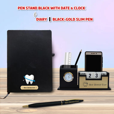 Exclusive Dentist Gift Combo – Pen, Stand, and Diary with ‘Best Dentist Ever’.