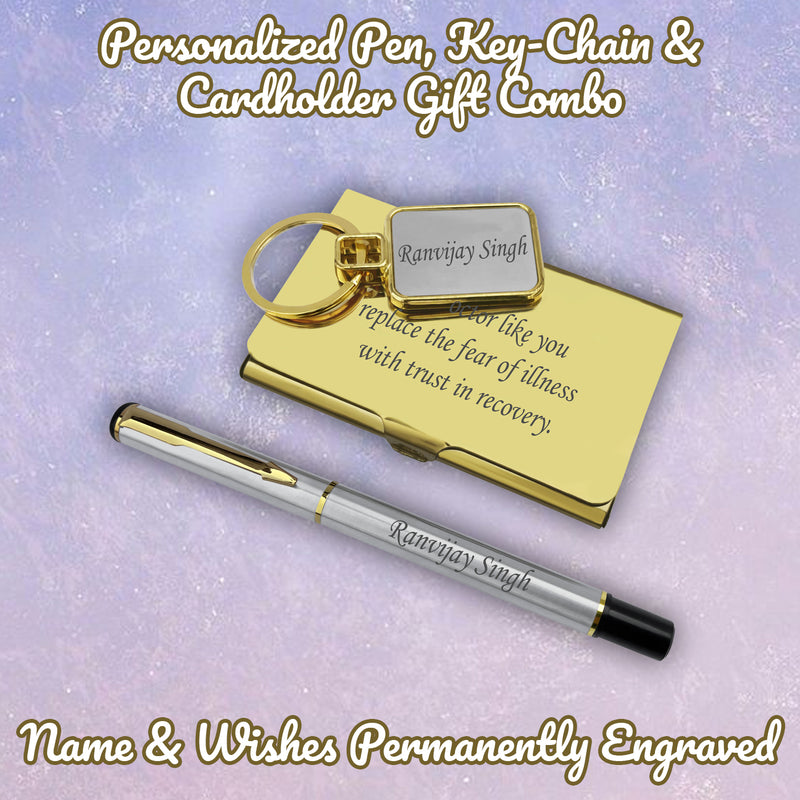 Golden Corporate Gift Set - Custom Engraved Pen, Keychain & Card Holder