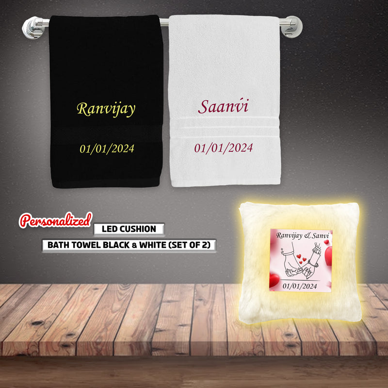 Valentine Gift Set – Personalized Couple Towel Set & LED Cushion with Photo