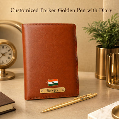 Customized Brown Diary & Branded Parker Golden Pen Gift Set with Name Engraved.