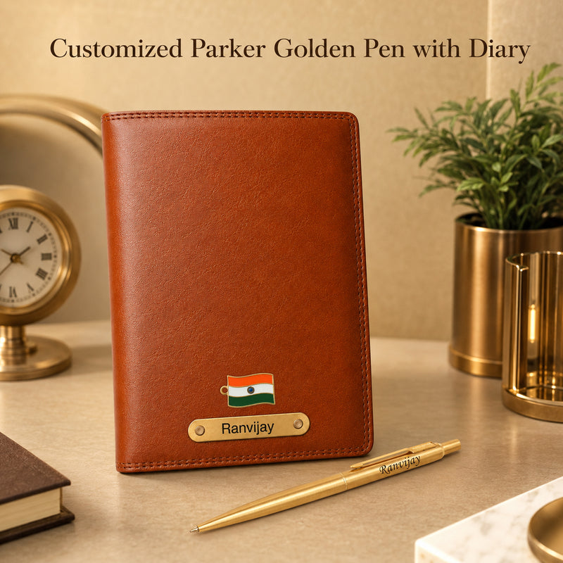 Customized Brown Diary & Branded Parker Golden Pen Gift Set with Name Engraved.
