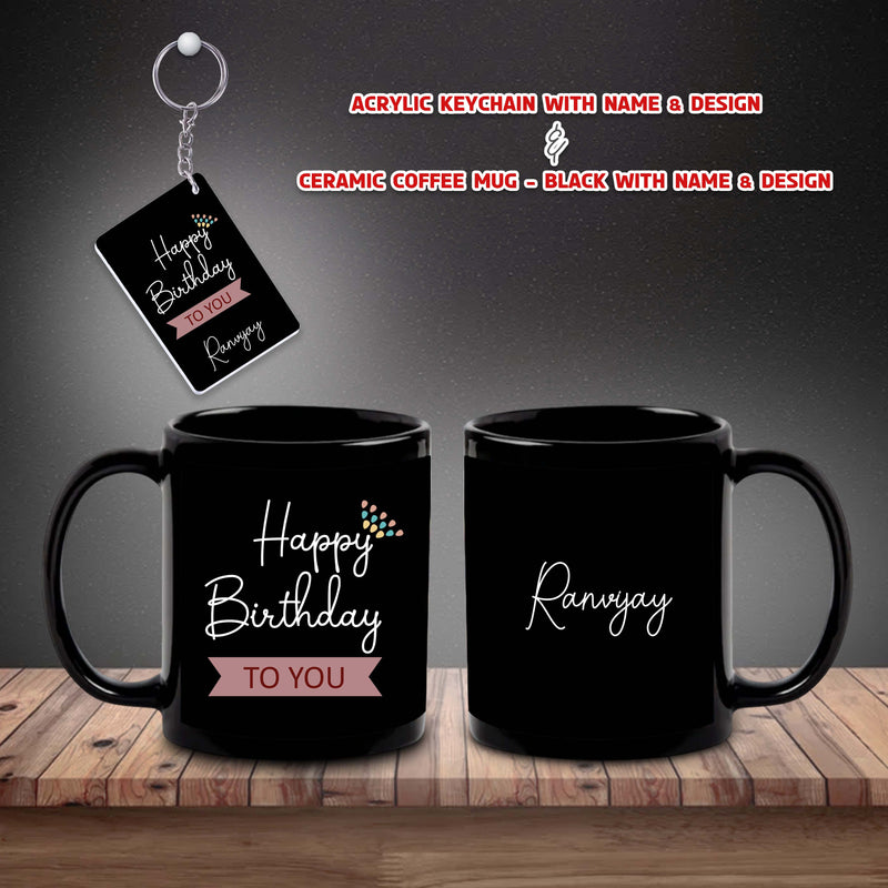 Bday Gift Combo – Ceramic Mug & Acrylic Keychain with 'Happy Birthday' Quote & Custom Name.