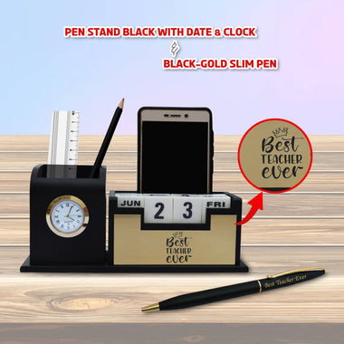 Premium Teacher’s Day Combo: Black-Gold Pen & Elegant Stand Quote Engraved.