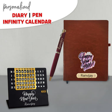 Customized New Year Hamper Combo (Brown) - Infinity Calendar, Slim Pen & Leather Diary