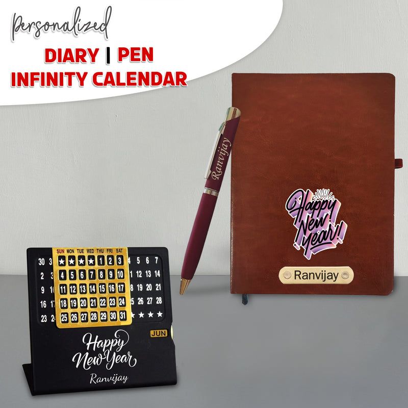 Customized New Year Hamper Combo (Brown) - Infinity Calendar, Slim Pen & Leather Diary