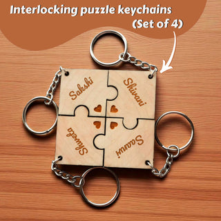 Personalized Gifts – Wooden Puzzle Best Friend Keychain Set of 4 | Custom Engraved Names.
