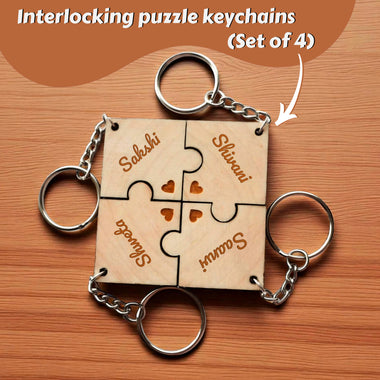 Personalized Gifts – Wooden Puzzle Best Friend Keychain Set of 4 | Custom Engraved Names.