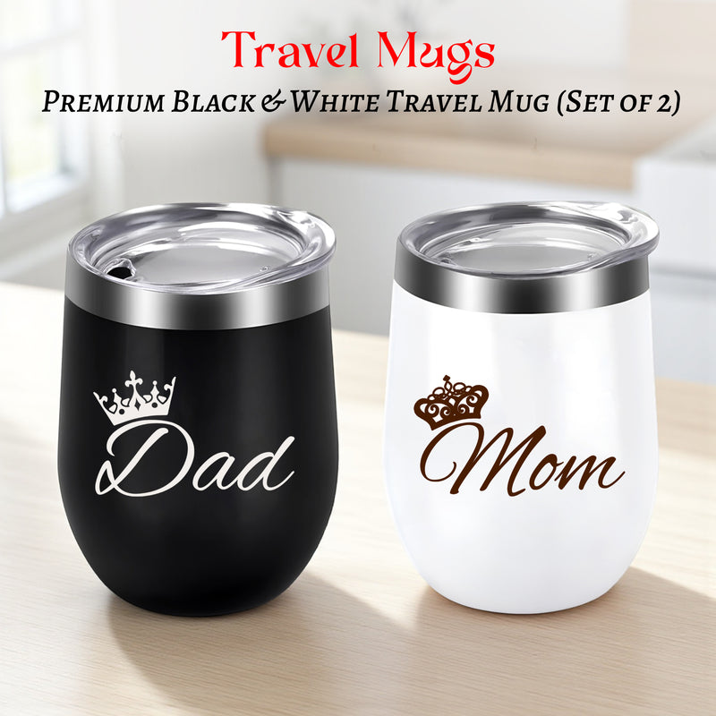 Insulated Travel Mug Set of 2– Black & White Stainless Steel Coffee Mugs.