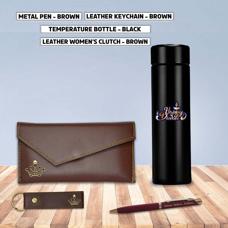 Personalized Gift Set for Women for Diwali – Clutch, Leather Keychain, Metal Pen, Black Bottle with 'Happy Diwali' Quote