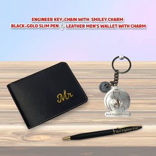 Engineer Gift Set for Men – Engraved Keychain, Pen & Wallet with King Charm.